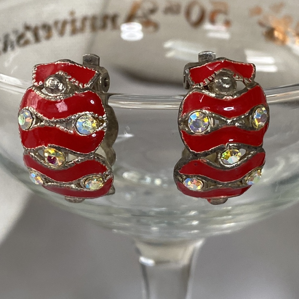 Vintage enamel red rhinestone clip earrings